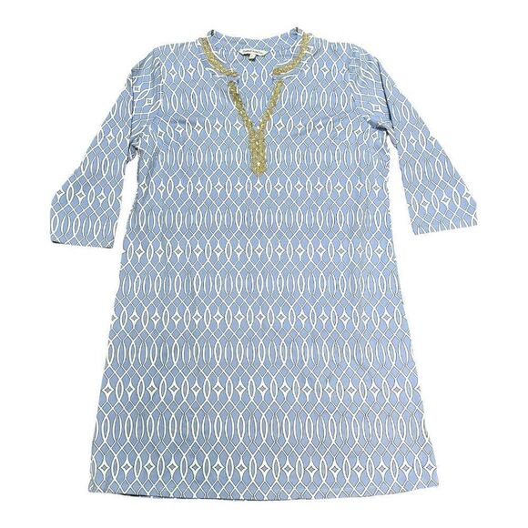 Sunsets & Sweet Tea Womens Blue & White Gold Geometric Tunic Dress Midi Summer - Picture 1 of 4